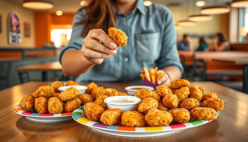 A beautifully arranged Taco Bell chicken taste test scene spread across a wooden table. In the foreground, a variety of chicken nuggets are artistically presented on a colorful plate, showcasing their crispy golden exterior and tender interior. Dipping sauces, such as ranch and buffalo, are placed in small bowls nearby. In the middle ground, a pair of hands, dressed in casual attire, are lifting a nugget towards the camera, highlighting the texture. The background features a cheerful Taco Bell restaurant environment, with soft, warm lighting that creates an inviting atmosphere. The overall mood is casual and engaging, with a focus on the food's appeal, captured in natural daylight to enhance the colors and textures of the chicken nuggets.
