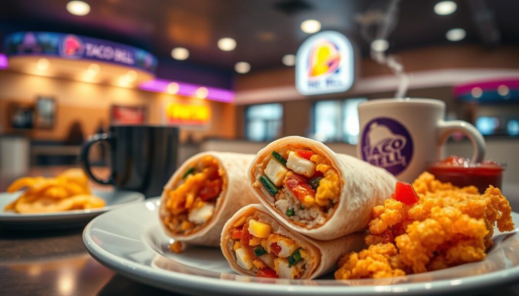 A beautifully arranged breakfast spread from Taco Bell, featuring a variety of items such as a breakfast burrito, hash brown, and a steaming cup of coffee. In the foreground, focus on a stylish plate with the burrito cut in half, revealing its colorful filling. The middle ground showcases the crispy hash brown and a side of salsa in vibrant colors. The background contains a soft-focus image of a bustling Taco Bell restaurant interior, illuminated by warm, inviting lighting. The scene captures a lively morning atmosphere, evoking the excitement of breakfast in a fast-food setting. The angle is slightly overhead, giving a clear view of the food. The overall mood is cheerful and energizing, perfect for highlighting the appeal of Taco Bell's breakfast offerings.