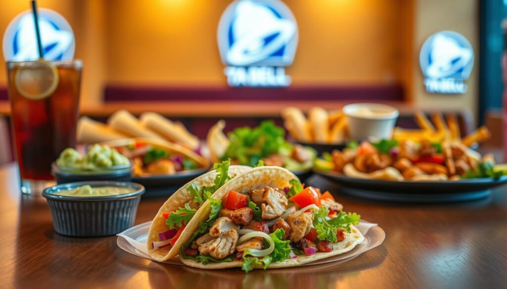 A beautifully arranged table featuring a variety of colorful Taco Bell gluten-free options, including a delectable gluten-free Taco filled with fresh ingredients like lettuce, tomatoes, and grilled chicken. In the foreground, elegantly display a side of guacamole and a refreshing drink. The middle ground showcases a vibrant spread of customized dishes, artistically plated to emphasize freshness and flavor. In the background, a soft-focus Taco Bell logo is subtly visible, contributing to the ambiance without being overt. The lighting is warm and inviting, mimicking a cozy fast-casual dining atmosphere. The overall mood is cheerful and appetizing, appealing to health-conscious diners looking for delicious gluten-free choices. Shot with a close-up lens angle to capture the textures and colors that bring the dishes to life.
