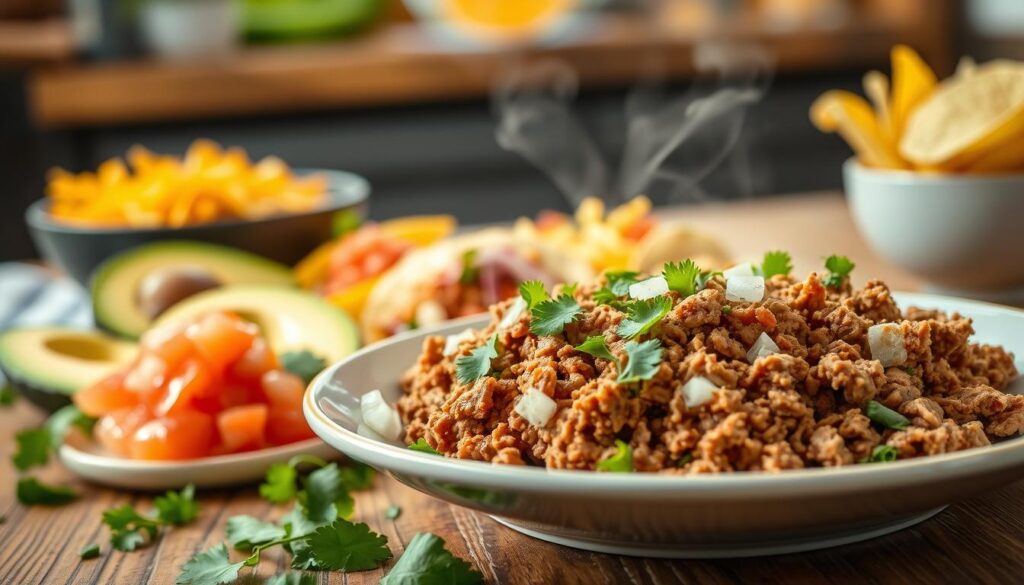 A beautifully styled plate of homemade taco meat sits prominently in the foreground, showcasing its rich, savory texture. The meat is finely crumbled, garnished with fresh cilantro and diced onions, exuding appetizing steam. The middle ground features an array of vibrant toppings—sliced avocado, vibrant red salsa, and finely shredded cheese—artistically arranged. In the background, there's a rustic wooden kitchen table adorned with colorful taco shells, suggesting a cozy, inviting atmosphere. Soft, warm lighting illuminates the scene, creating a homey, inviting feel. The camera angle is slightly overhead, allowing the viewer to appreciate the textures and colors of the ingredients. The mood is warm and inviting, perfectly capturing the essence of preparing delicious taco meat at home.