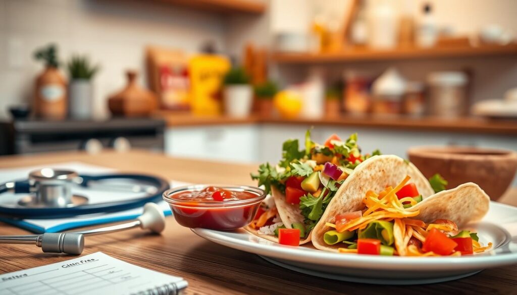 A close-up view of a plate featuring gluten-free Mexican food, including a colorful taco filled with fresh ingredients like lettuce, tomato, and avocado, along with a small bowl of salsa on the side. In the foreground, a stethoscope and a doctor's notepad hint at medical expertise, symbolizing celiac disease awareness. In the middle, a soft-focus kitchen environment offers a welcoming and homey atmosphere, with warm lighting to evoke a sense of comfort and safety. The background displays a simple kitchen shelf with gluten-free products, creating an informative context without overwhelming details. The overall mood is warm, inviting, and educational, suitable for those seeking gluten-free options while understanding celiac disease.