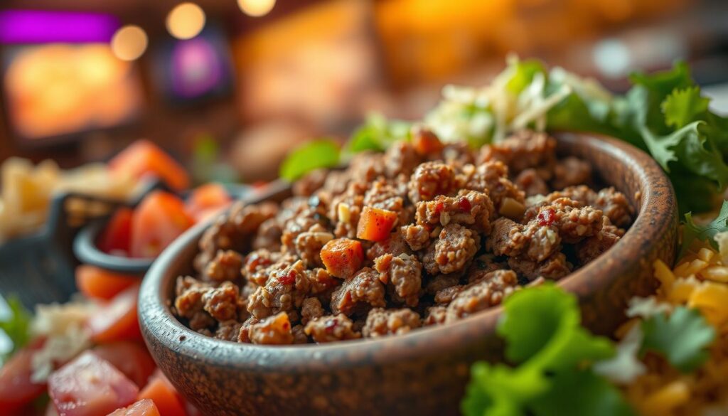 A close-up view of a serving of Taco Bell meat, presented in a rustic bowl with a focus on the texture and appearance of the seasoned ground beef. The meat is richly colored, with visible spices and seasonings enhancing its appeal. Surrounding the bowl are fresh ingredients like chopped tomatoes, shredded lettuce, and grated cheese, adding vibrant colors that contrast with the warm tones of the meat. The background features a softly blurred fast-food restaurant setting, with warm, inviting lighting casting a golden hue over the scene. The angle is slightly overhead, creating an engaging composition that draws the viewer's eye to the details of the meat and accompaniments, conveying an atmosphere of fast-food comfort and familiarity.