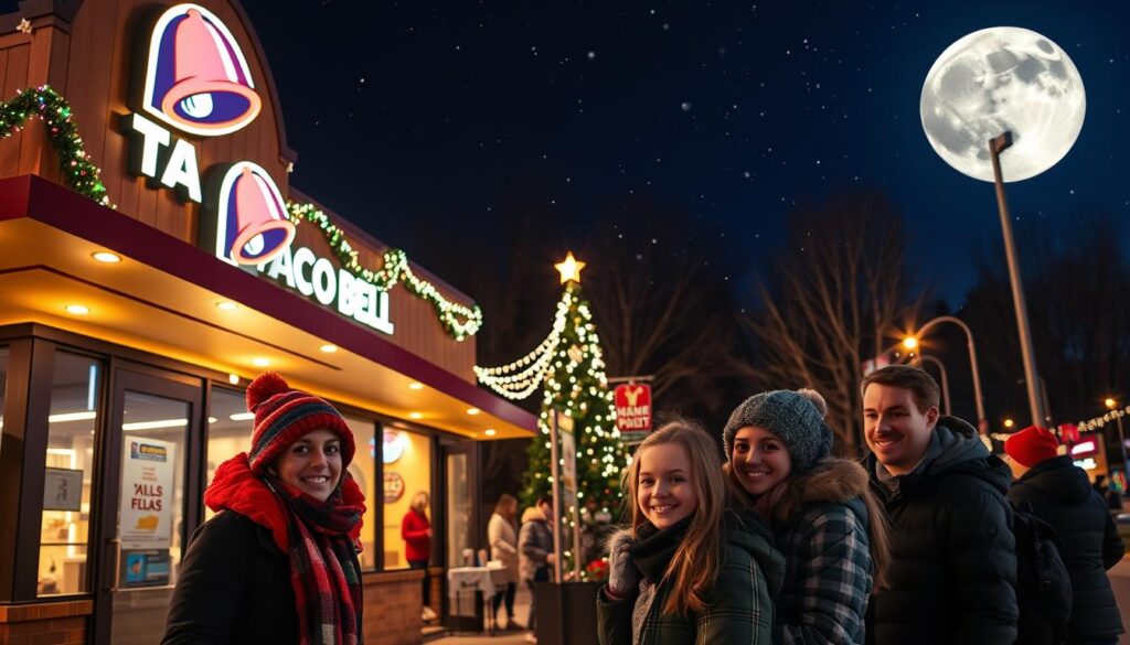 A cozy Christmas Eve scene outside a brightly lit Taco Bell restaurant, with colorful string lights adorning the building. In the foreground, a cheerful family of four, dressed in warmly layered winter clothing, stands in line, their faces illuminated by the soft glow of the restaurant's signage. In the middle ground, a festive display of holiday decorations and a few snowflakes gently falling. In the background, a starry night sky with a large full moon casts a serene ambiance over the scene. The atmosphere is lively yet tranquil, capturing the excitement of the holiday season while evoking the idea of finding the best times to enjoy a meal without long waits. Use warm lighting to enhance the inviting feel of the scene.