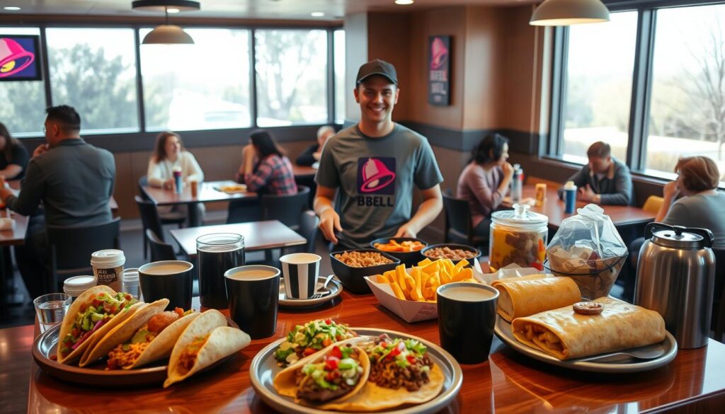 A cozy Taco Bell restaurant interior during morning hours, with soft, natural morning light flooding through large windows. In the foreground, there are neatly arranged breakfast items on a shiny wooden table, including a variety of tacos, burritos, and coffee, all looking enticing. In the middle, a friendly staff member in casual Taco Bell attire serves customers with a smile, showcasing a welcoming atmosphere. In the background, cheerful patrons enjoy their breakfast at tables, chatting relaxedly. The scene should capture the essence of a bustling yet calm breakfast rush, conveying a sense of community and satisfaction. The angle is slightly elevated, providing a clear view of the breakfast spread while keeping the human interactions in focus, maintaining a warm and inviting mood.
