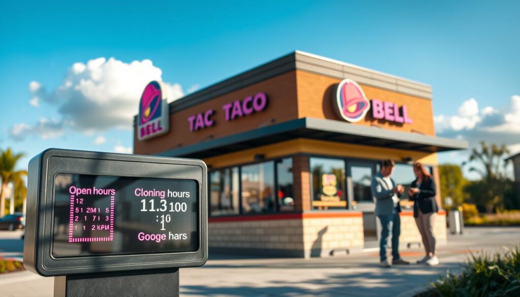 A cozy and inviting Taco Bell restaurant setting during daytime, showcasing the exterior with its distinctive logo and vibrant colors. In the foreground, a digital clock display shows the opening and closing hours clearly, with a warm sunlight illuminating the scene, casting soft shadows on the pavement. In the middle ground, there are a few patrons in business casual clothing engaging with their phones, browsing local hours on Google Maps, depicting a friendly atmosphere. The background features a clear blue sky and a few fluffy clouds, enhancing the cheerful mood. Use a wide-angle lens perspective to capture the entire taco restaurant and its surrounding landscape, emphasizing a welcoming and accessible vibe for customers seeking information.