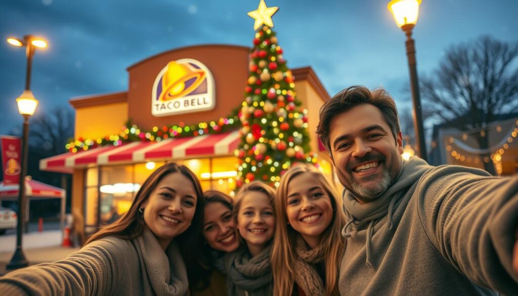 A cozy, festive Christmas Eve scene featuring a softly lit Taco Bell restaurant adorned with holiday decorations. In the foreground, there's a cheerful family in modest casual clothing, smiling as they take a selfie together in front of the restaurant. In the middle, the colorful twinkling lights and a large Christmas tree with ornaments create a warm, inviting atmosphere. The background showcases gently falling snowflakes against a twilight sky, enhancing the cheerful mood. The scene is illuminated by the glow of street lamps and the warm yellow light emanating from the restaurant, creating a friendly and welcoming ambiance. Capture the sense of togetherness, celebration, and seasonal joy characteristic of Christmas Eve.