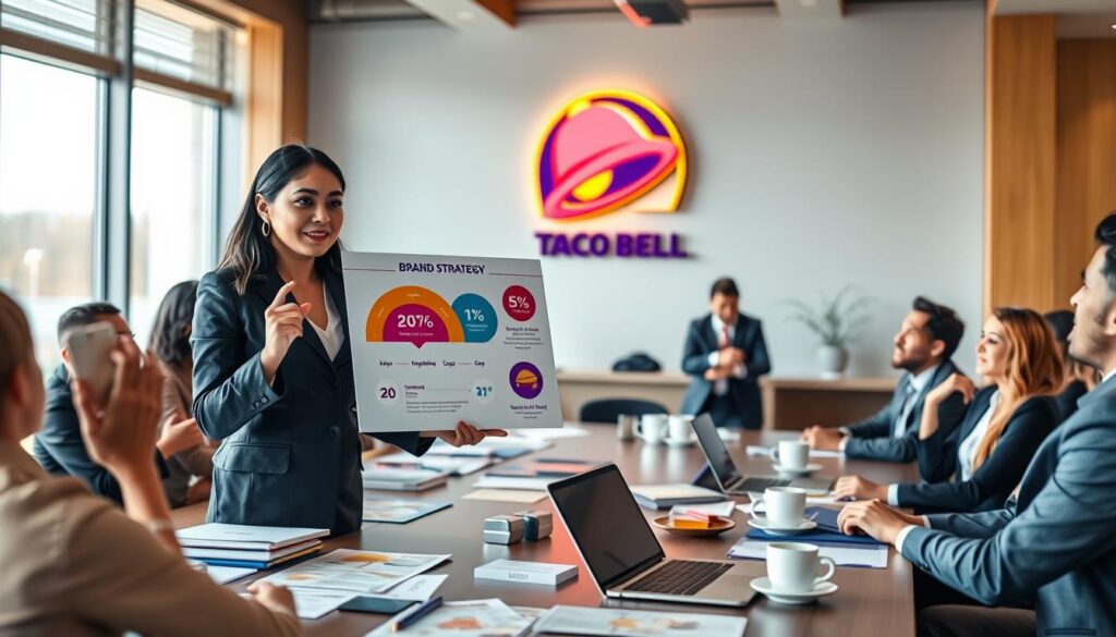 A modern boardroom setting featuring a diverse group of professionals in business attire engaged in a strategic discussion on brand strategy. In the foreground, a confident Asian female marketing executive presents a colorful infographic that highlights Taco Bell's unique selling points, such as affordability and quality. The middle layer shows a large table cluttered with marketing materials, laptops, and coffee cups, indicating an active brainstorming session. The background is illuminated by soft, warm lighting from large windows, casting a glow on a vibrant Taco Bell logo displayed prominently on a wall. The atmosphere is one of focus, collaboration, and strategic planning, reflecting the competitive nature of market positioning in the fast-food industry.