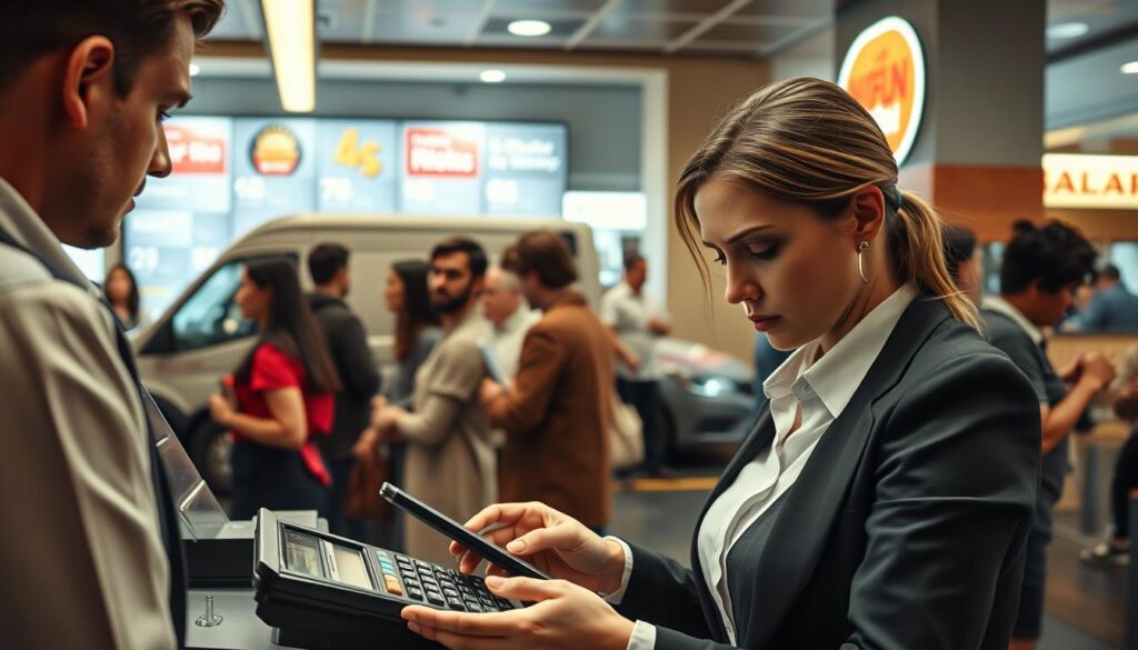 A thoughtful representation of inflation depicted through a bustling fast-food restaurant scene. In the foreground, focus on a cashier with a calculator, appearing concerned as they tally prices on a digital display, dressed in professional business attire. In the middle ground, a diverse group of customers stands in line, looking at a menu with noticeably rising prices. In the background, a delivery truck can be seen parked, symbolizing delivery costs, with a subtle aura of stress around it. The lighting is warm yet slightly dramatic, casting shadows that emphasize the tension surrounding the increasing costs. The atmosphere should feel slightly chaotic, reflecting the economic pressures of inflation. The image is captured with a lens that provides a slight depth of field, drawing attention to the critical elements.
