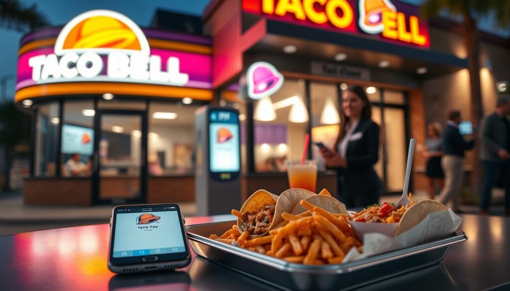 A vibrant Taco Bell storefront at dusk, featuring bright, colorful signage illuminated by neon lights. In the foreground, a smartphone displaying the Apple Pay interface, resting on a Taco Bell tray filled with tacos, nachos, and a refreshing drink. The middle ground features a modern ordering kiosk with a welcoming employee in professional business attire, smiling and assisting a customer. The background shows the bustling exterior of the restaurant, with a few patrons entering and leaving, creating a lively atmosphere. Soft, warm lighting enhances the inviting feel of the scene, while a shallow depth of field focuses attention on the phone and the delicious food, conveying a sense of convenience and modern dining experience.