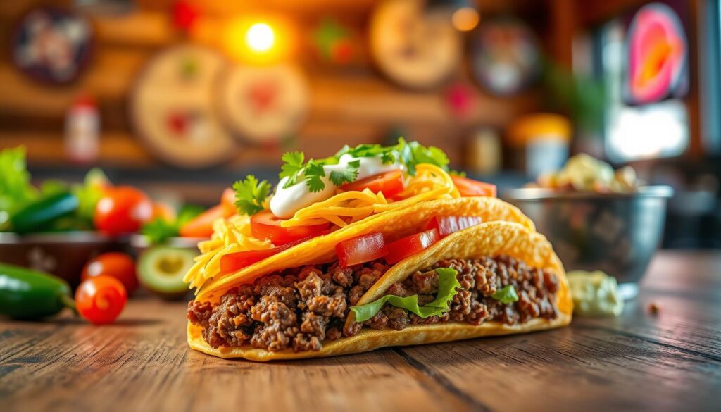 A vibrant and appetizing close-up image of a Taco Bell tacostada, showcasing its layers of crispy taco shell, seasoned ground beef, fresh lettuce, ripe tomatoes, shredded cheese, and a drizzle of sour cream. The tacostada is centered prominently in the foreground, detailed with textures that convey freshness and flavor. In the middle ground, a colorful assortment of additional taco ingredients such as jalapeños and guacamole can be seen, evoking the appeal of Mexican flavors. The background is softly blurred, featuring a rustic wooden table and hints of a casual, vibrant Taco Bell restaurant setting, with warm, inviting lighting that highlights the food. Capture a playful, yet appetizing mood to reflect the culinary fusion of Taco Bell in Mexico.