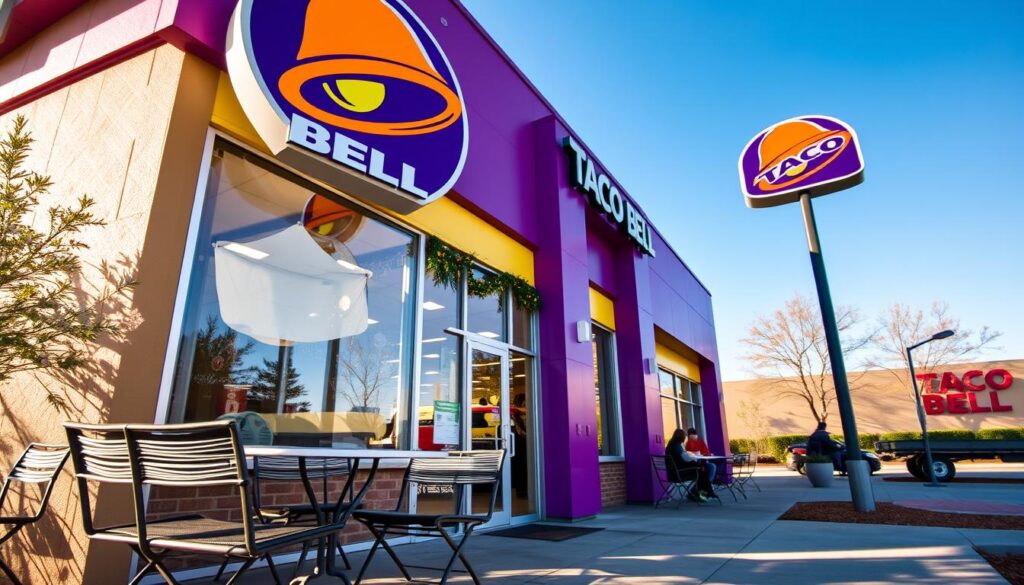 A vibrant exterior view of a local Taco Bell restaurant, showcasing its distinctive purple and yellow branding. In the foreground, a neatly arranged outdoor seating area with a few customers enjoying their meals. In the middle ground, the restaurant's entrance is visible, adorned with cheerful holiday decorations appropriate for New Year's Day, such as festive lights and decorations. The background includes a clear blue sky, indicating a bright, sunny day, with a hint of nearby trees swaying gently in the breeze. The scene is bathed in warm afternoon light, creating a welcoming and inviting atmosphere. The composition is captured from a low angle to emphasize the restaurant's sign and colors, enhancing the vibrancy of the image while avoiding any human-centered focus.