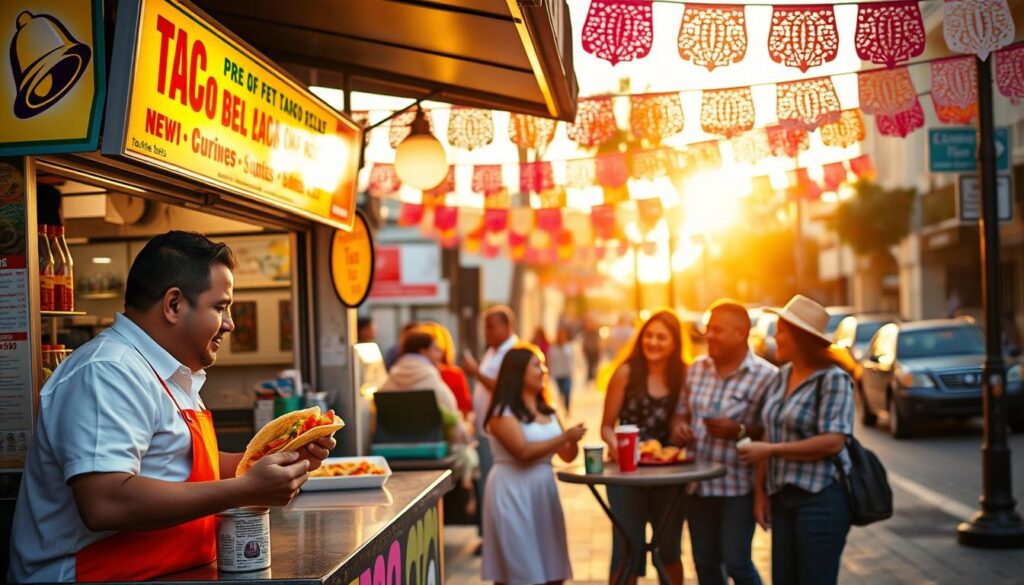 A vibrant taco stand at sunset, showcasing a colorful menu featuring Taco Bell items alongside traditional Mexican dishes. In the foreground, a friendly vendor in a crisp white shirt and apron stands behind the counter, serving a taco with fresh ingredients. In the middle ground, a family of diverse individuals gathers around a small table, enjoying their meals and sharing laughter, all dressed in modest casual clothing. The background reveals a bustling street with festive papel picado banners fluttering in the warm breeze, and soft golden light bathes the scene, creating a welcoming and cheerful atmosphere. The focus is on the intersections of cultures, highlighting the enjoyment of food without losing sight of authenticity.