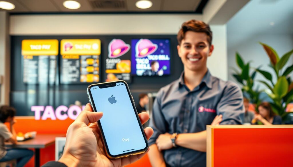A young adult in business casual attire stands at the counter of a modern Taco Bell restaurant, holding an iPhone displaying the Apple Pay app. The foreground shows the phone clearly, with the Taco Bell menu board visible behind the cashier, who smiles warmly, dressed in a Taco Bell uniform. In the middle ground, brightly colored Taco Bell branding enhances the lively atmosphere, with soft, natural lighting marking the scene. The background features customers enjoying their meals in a cozy, inviting environment, with green plants adding a touch of freshness. The overall mood is upbeat and casual, emphasizing convenience and modern technology in a fast-food setting, showcasing the easy integration of Apple Pay into the checkout process.